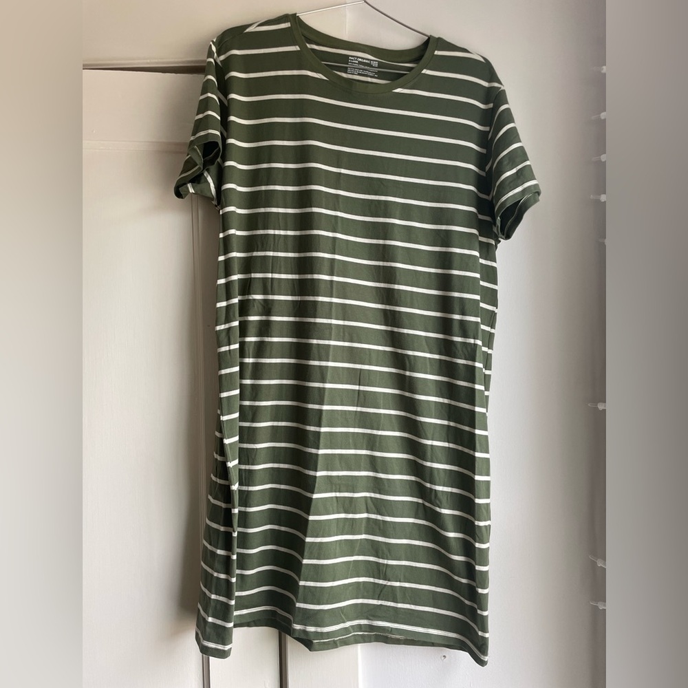Pact Organic XL tshirt dress, green with white stripes